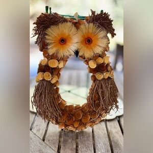 Vintage Brown Wood Chip Hoot Owl Wreath/Door Hanger!
